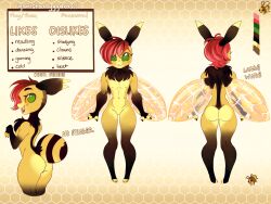  4:3 ambiguous_gender anthro arthropod arthropod_abdomen bee english_text femboy fur green_eyes hair hi_res hymenopteran insects model_sheet neck_tuft red_hair solo text tuft wings wybeborne yellow_body yellow_fur 