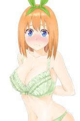  arms_behind_back blue_eyes blush bow bow_bra bra breasts cguin15 choppy_bangs cleavage closed_mouth collarbone commentary_request embarrassed female frilled_bra frills frown go-toubun_no_hanayome green_bow green_bra green_panties hair_ornament highres large_breasts looking_at_viewer medium_hair nakano_yotsuba navel nose_blush orange_hair panties raised_inner_eyebrows simple_background solo split_mouth stomach straight_hair underwear underwear_only upper_body white_background 