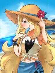  beach blonde_hair blue_sky blush brown_hat closed_mouth crop_top cynthia_(pokemon) cynthia_(summer_2025)_(pokemon) eyelashes female flower food food_in_mouth grey_eyes hair_over_one_eye hat hat_flower highres long_hair looking_at_viewer midriff ocean outdoors pokemon pokemon_masters_ex popsicle popsicle_in_mouth red_flower sky solo toutouart upper_body very_long_hair 