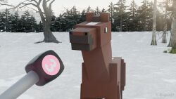  16:9 2025 3d_(artwork) 4k absurd_res blocky blocky_body blocky_snout camera_view digital_media_(artwork) electronics english_text equid equine estonian_deer_(meme) hi_res horse horse_(minecraft) interview male mammal meme microphone microsoft minecraft mojang plant sky snow text thatderglover69 tree widescreen xbox_game_studios 