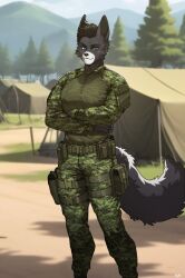  2025 absurd_res anthro blue_eyes bottomwear brown_hair canid canine canis claws clothed clothed_anthro clothed_male clothing cloud day digital_media_(artwork) finger_claws fingers fully_clothed fully_clothed_anthro fully_clothed_male fur grey_body grey_fur grey_tail hair hi_res looking_at_viewer male mammal outside pants pgm300 plant sky smile solo tail topwear tree wolf 