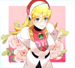  alia_(mega_man) android armor blonde_hair blue_eyes border breasts chest_jewel coat female flower highres lab_coat medium_breasts mega_man_(series) mega_man_x_(series) pink_armor pink_flower rikka_(user_hruv2435) robot_girl solo twitter_username white_border white_coat 