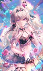  absurdres bikini black_bikini blue_sky breasts chinese_commentary cloud commentary_request danli_suri female grey_hair hair_intakes hair_ornament highres honkai_(series) honkai_impact_3rd innertube large_breasts long_hair looking_at_viewer navel official_alternate_costume parted_lips purple_eyes sky smile solo stomach swim_ring swimsuit thelema_nutriscu thigh_strap thighs 