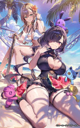  2girls antje_moltke atelier_(series) atelier_resleriana beach bikini black_hair black_one-piece_swimsuit blonde_hair blue_eyes breasts character_request cleavage gesoking highres kneeling large_breasts long_hair multiple_girls ocean official_art one-piece_swimsuit palm_tree purple_eyes sand swimsuit tree water watermark white_bikini 