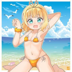 aqua_eyes barefoot beach bikini bird blonde_hair blue_sky breasts cleavage cloud day female gochuumon_wa_usagi_desu_ka? happy_birthday highres horizon kirima_syaro kneeling looking_at_viewer ocean open_mouth orange_bikini orange_scrunchie outdoors paw_pose scrunchie seagull short_hair side-tie_bikini_bottom sky small_breasts smile solo swimsuit takecho wrist_scrunchie 
