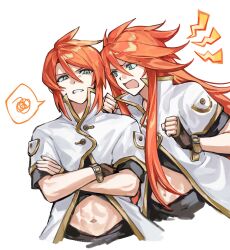  2boys abs black_shirt brown_gloves commentary_request cropped_shirt cropped_torso crossed_arms dual_persona fingerless_gloves gloves green_eyes hair_between_eyes highres jacket long_hair looking_at_another luke_fon_fabre male_focus midriff multiple_boys navel open_mouth parted_lips popped_collar red_hair shirt short_hair short_sleeves sidelocks simple_background spoken_squiggle squiggle tales_of_(series) tales_of_the_abyss tiyi_(tiyi_a09) upper_body white_background white_jacket 