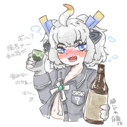  alcohol blue_eyes blush bow bowtie breast_pocket choko_(cup) collarbone collared_shirt cup dragon_ears dragon_girl dragon_horns drunk fangs female fingerless_gloves flying_sweatdrops gloves grey_gloves grey_shirt hair_between_eyes horns japari_symbol kemono_friends long_sleeves midriff miyakko navel nose_blush open_mouth pocket sake shirt short_hair short_twintails sidelocks slit_pupils solo translation_request twintails white_bow white_bowtie white_dragon_(kemono_friends) white_hair 