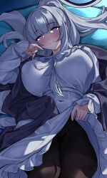  absurdres bed blue_archive breasts clothes_lift dress dress_lift female highres leggings long_hair looking_at_viewer lying medium_breasts nightgown nightgown_lift noa_(blue_archive) noa_(pajamas)_(blue_archive) official_alternate_costume official_alternate_hairstyle on_back ponytail purple_eyes smile solo tufang very_long_hair white_hair white_nightgown 