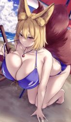  absurdres all_fours animal_ears beach beach_umbrella bikini bikini_pull blonde_hair blue_bikini blue_sky blush breasts closed_mouth clothes_pull cloud female fox_ears fox_girl fox_tail hair_between_eyes highres huge_breasts jewelry looking_at_viewer medium_hair mirufi_(milfiiiiyu) multiple_tails necklace ocean sky smile solo swimsuit tail touhou umbrella yakumo_ran yellow_eyes 
