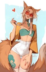  :d absurdres animal_ear_fluff animal_ears artist_name blue_background breasts brown_hair commentary cowboy_shot english_commentary female fox_ears fox_girl fox_tail glasses hand_on_own_thigh heart highleg_shorts highres large_tail leg_tattoo long_hair long_sleeves looking_at_viewer maewix_(artist) multicolored_hair neck_tattoo open_clothes open_mouth open_shirt orange_shirt original red-tinted_eyewear round_eyewear shirt short_shorts shorts simple_background small_breasts smile solo tail tattoo thigh_gap thighhighs tinted_eyewear two-tone_hair white_hair white_shorts white_thighhighs 