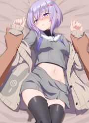  1boy a.i._voice absurdres black_thighhighs black_undershirt blush breasts brown_cardigan cardigan commentary female grey_serafuku grey_shirt grey_skirt hair_ornament hairclip highres holding_another&#039;s_wrist long_sleeves midriff navel on_bed open_cardigan open_clothes parted_lips pinned pov pov_hands purple_eyes purple_hair ruttse sailor_collar school_uniform serafuku shirt short_hair skirt sleeves_past_wrists small_breasts sweat thighhighs voiceroid yuzuki_yukari yuzuki_yukari_(shizuku) 