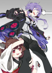  2girls @_@ bare_shoulders black_gloves black_jacket black_pantyhose black_sandals blush_stickers brown_hair commentary feet_out_of_frame gloves gradient_background grey_background hair_ornament hand_under_clothes headgear jacket japanese_clothes karei kimono long_sleeves multiple_girls okobo open_clothes open_jacket open_mouth pantyhose partially_fingerless_gloves platform_sandals purple_eyes purple_hair red_eyes sandals shirt short_hair short_hair_with_long_locks sidelocks socks standing symbol-only_commentary torn_clothes torn_pantyhose touhoku_kiritan vocaloid voiceroid wavy_mouth white_kimono white_shirt white_socks wide_sleeves yuzuki_yukari 