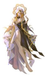  black_collar blue_flower collar female flower full_body genshin_impact halo hashtag-only_commentary highres orange_hair rhinedottir_(genshin_impact) robe s7nsles simple_background smile solo two-tone_robe white_background white_hood yellow_nails 