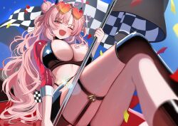  absurdres alternate_costume asymmetrical_legwear bikini black_bikini black_choker black_skirt black_thighhighs blue_archive blurry breasts checkered_flag choker cleavage crossed_legs depth_of_field double_bun female flag hair_bun heart heart-shaped_eyewear highleg highres holding holding_flag kirara_(blue_archive) kneehighs large_breasts long_hair long_sleeves looking_at_viewer midriff miniskirt oerba_yun_fang one_eye_closed open_mouth panty_straps pink_eyes pink_hair race_queen red_shrug single_kneehigh single_sock single_thighhigh sitting skirt smile socks solo suisen_(suisenhwa) swimsuit thigh_strap thighhighs thighs very_long_hair 