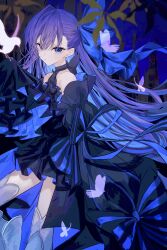  absurdres bare_shoulders bird bird_on_hand blue_bow blue_dress blue_eyes blue_ribbon blush bow breasts bug butterfly choker closed_mouth collarbone detached_sleeves dress fate/grand_order fate_(series) female full_body hair_between_eyes hair_ribbon hairbow highres leaf long_hair looking_at_viewer meltryllis_(fate) original prosthesis prosthetic_leg puffy_sleeves purple_hair ribbon sleeves_past_fingers sleeves_past_wrists small_breasts solo standing stomach strapless strapless_dress thighs very_long_hair white_butterfly yagi_(yagi5art) 