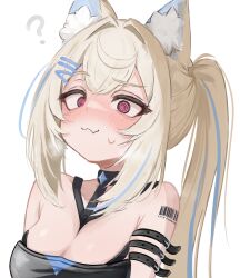  ? @_@ absurdres animal_ear_fluff animal_ears barcode barcode_tattoo bare_shoulders blonde_hair blue_hair blush breasts cleavage dog_ears dog_girl female fuwawa_abyssgard fuwawa_abyssgard_(holonatsu_paradise) high_ponytail highres hololive hololive_english holonatsu_paradise large_breasts long_hair lucien_000298 multicolored_hair official_alternate_costume pink_eyes ponytail shoulder_tattoo simple_background solo tattoo two-tone_hair upper_body virtual_youtuber white_background 