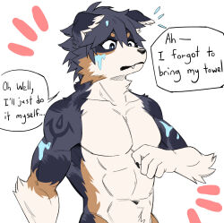  1boy abs animal_ears bara brand_of_the_exalt chrom_(fire_emblem) claws dog_boy dog_ears english_commentary english_text fire_emblem fire_emblem_awakening furrification furry furry_male highres koge_(natsub_bkoge) looking_down male_focus muscular muscular_male navel pectorals speech_bubble wet white_background 