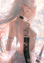  arm_strap arm_tattoo backless_dress backless_outfit black_collar black_gloves breasts collar dress earrings elbow_gloves facial_tattoo female from_side gloves highres holding holding_sword holding_weapon jewelry katana kayjae long_hair looking_at_viewer medium_breasts original pink_eyes sideboob single_elbow_glove sword tattoo torn_clothes torn_gloves weapon white_dress white_hair 