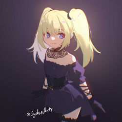  aged_down ani_(twitter) artist_name bare_shoulders belt black_choker black_corset black_dress black_gloves blonde_hair blue_eyes brown_background choker chromatic_aberration commentary corset cowboy_shot dress english_commentary female gloves gradient_background highres lace-trimmed_choker lace_trim long_hair looking_at_viewer off-shoulder_dress off_shoulder puffy_short_sleeves puffy_sleeves short_sleeves simple_background smile solo standing sydus twintails twitter twitter_username 