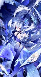  absurdres bare_shoulders boots breasts closed_mouth crossed_bangs detached_sleeves dress dual_wielding female full_body genshin_impact hair_between_eyes hair_intakes high_heels highres hizuki_miya holding holding_sword holding_weapon large_breasts long_hair looking_at_viewer lumine_(genshin_impact) paimon_(genshin_impact) pink_eyes prosthesis prosthetic_arm prosthetic_leg shards skirk_(genshin_impact) solo_focus sword teeth thigh_boots weapon white_dress white_hair 