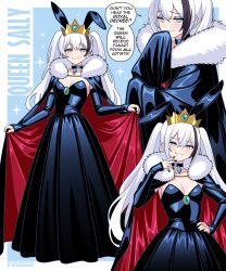  absurdres alternate_costume animal_ear_hairband animal_ears black_choker black_cloak black_dress black_hairband black_nails black_sleeves black_streaks blue_background blue_brooch blue_eyeliner blue_eyes blue_gemstone blush borrowed_character breasts bright_pupils brooch choker cleavage cloak closed_mouth collarbone commentary crossed_bangs detached_sleeves deviantart_username double-parted_bangs dress english_commentary english_text eyeliner fake_animal_ears female fur-trimmed_cloak fur_trim gem gold_tiara hair_between_eyes hairband hand_to_own_mouth hand_up highres jewelry long_dress long_hair looking_at_viewer makeup medium_breasts multicolored_eyes multicolored_hair multiple_views nico-neko original parted_lips pink_eyes rabbit_ear_hairband rabbit_ears red_cloak sally_sinclair single_hair_streak sleeveless sleeveless_dress sleeves_past_wrists smile sparkle speech_bubble strapless strapless_dress streaked_hair twitter_username two-tone_background two-tone_cloak two-tone_eyes two_side_up white_background white_hair white_pupils 