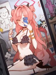  absurdres bikini black_bikini blue_archive bra breasts cellphone closed_mouth doodle_sensei_(blue_archive) female fingernails halo haniwa_(statue) high_heels highres holding holding_phone holypotato0 indoors kirara_(blue_archive) large_breasts long_fingernails long_hair looking_at_viewer mirror navel phone pink_eyes pink_hair pink_nails red_halo reflection selfie sensei_(blue_archive) sitting smartphone smile solo stomach swimsuit underwear unworn_bra v 