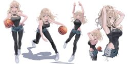  absurdres armpits arms_up ass ball bare_shoulders basketball basketball_(object) black_leggings black_leotard blonde_hair blush breasts brown_eyes brown_hair cleavage cleavage_cutout closed_mouth clothing_cutout covered_navel denim denim_shorts dribbling_(basketball) female glasses highres large_breasts leggings leggings_under_shorts leotard long_hair navel open_mouth original ponytail shoes shorts simple_background smile solo sthk tongue tongue_out tying_hair white_background 