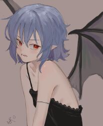  bare_shoulders bat_wings black_camisole blue_hair brown_background camisole commentary_request female highres looking_at_viewer open_mouth pointy_ears red_eyes remilia_scarlet ropu_1 short_hair solo spaghetti_strap teeth touhou upper_body wings 