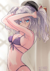  absurdres beret bikini black_hat blue_eyes breasts commentary_request female front-tie_bikini_top front-tie_top grey_hair hat highleg highleg_bikini highres hizaka kantai_collection kashima_(kancolle) long_hair looking_at_viewer medium_breasts multi-strapped_bikini_top navel one-hour_drawing_challenge purple_bikini solo swimsuit twintails upper_body wavy_hair 