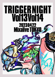  2023 ahoge anime_coloring aqua_bikini aqua_eyes artist_request badge bare_shoulders battle_damage bikini black_gloves black_socks border breasts bright_pupils broken_eyewear collared_jacket company_connection company_name crack cracked_glass cropped_jacket dated diagonal-striped_bikini diagonal-striped_clothes elbow_gloves english_text female fire gauntlets gloves green-tinted_eyewear grey_border gridman_universe gun hair_between_eyes high_collar highres inferno_cop inou-battle_wa_nichijou-kei_no_naka_de jacket kneehighs leg_up looking_at_viewer medium_breasts multicolored_bikini ninja_slayer nose official_art open_clothes open_jacket open_mouth outside_border paint_on_body pin police_badge popped_collar print_gloves print_socks red_hair revolver safety_glasses scar scar_on_cheek scar_on_face scar_on_shoulder second-party_source short_hair shuriken single_gauntlet skeleton_print sleeveless sleeveless_jacket socks ssss.gridman striped_bikini striped_clothes swimsuit teeth thick_lineart tinted_eyewear tongue trigger-chan trigger_(company) two-tone_bikini uchuu_patrol_luluco unzipped upper_teeth_only weapon white_background white_bikini white_jacket white_pupils zipper 