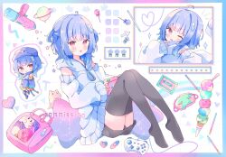  :d ;d absurdres ahoge bag bare_shoulders black_shorts black_thighhighs blue_hair blush border candy chibi closed_mouth commentary commission female food full_body gradient_border grid_background highres hood hood_down hoodie ice_cream indie_virtual_youtuber knees_up lollipop long_sleeves looking_at_viewer medium_hair multiple_scoops multiple_views no_shoes one_eye_closed open_mouth outside_border red_eyes shorts sitting skeb_commission skirt sleep_mask sleeveless sleeveless_hoodie smile tagosaku-chan_(vtuber) thighhighs tsukiyo_(skymint) virtual_youtuber water_gun white_background white_hoodie white_skirt 