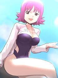  :d absurdres breasts coat collarbone commentary_request day female happy highres long_sleeves looking_down one-piece_swimsuit open_clothes open_coat open_mouth outdoors pokemon pokemon_(anime) pokemon_(classic_anime) professor_ivy purple_hair short_hair sky smile solo swimsuit tairanoabokado 