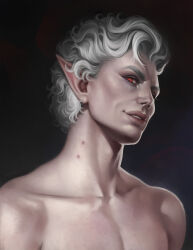  absurd_res astarion_(baldur&#039;s_gate) baldur&#039;s_gate baldur&#039;s_gate_3 black_background bust_portrait collarbone colored digital_media_(artwork) digital_painting_(artwork) elf english_description eyebrows grey_eyebrows grey_hair hair head_tilt hi_res humanoid humanoid_pointy_ears hybrid larian_studios light lighting lips male male_humanoid marie_gelebart neck_scar not_furry nude_humanoid nude_male painting_(artwork) pointy_ears portrait red_eyes shaded short_hair simple_background smile solo tan_body tan_lips tan_skin vampire wavy_hair 