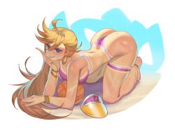  absurdres ahoge all_fours ass ball bare_arms bare_legs bare_shoulders barefoot bikini bikini_tan blonde_hair blue_eyes bracelet breasts commentary ear_piercing earrings english_commentary female full_body grin hair_between_eyes highres hoop_earrings jewelry large_breasts long_hair looking_at_viewer middle_finger mole mole_on_ass mole_under_eye nail_polish on_ground panty_&amp;_stocking_with_garterbelt panty_(psg) piercing pink_bikini red_nails roxy_thefoxy sand skindentation smile solo swimsuit tan tanlines thigh_strap toenail_polish toenails visor_cap volleyball_(object) 