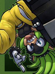  animal_ears animal_nose ass ass_focus belt black_shirt blue_eyes bracelet breasts ear_piercing earrings fangs female furry furry_female gloves green_fur green_hair happy highres jewelry koopa long_hair looking_at_viewer looking_back medium_breasts multiple_rings open_mouth pants piercing ring sammytighe sharp_teeth shirt shoes sleeveless sleeveless_shirt smile solo sonic_(series) spiked_bracelet spikes surge_the_tenrec teeth tongue tongue_out torn_clothes upside-down white_gloves yellow_pants 