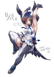  armpits arms_up bare_shoulders barn_swallow_(kemono_friends) bird_girl bird_tail bird_wings black_gloves black_hair black_panties blonde_hair bow breasts brown_eyes collared_shirt covered_nipples elbow_gloves female footwear_bow frills gloves grey_gloves grey_thighhighs hair_between_eyes head_wings kemono_friends kemono_friends_3 looking_at_viewer midriff_peek multicolored_hair navel neck_ribbon nyororiso_(muyaa) open_mouth panties pleated_skirt red_hair ribbon shirt shoes short_hair skirt sleeveless sleeveless_shirt smile solo tail thighhighs underwear white_shirt white_skirt wings 