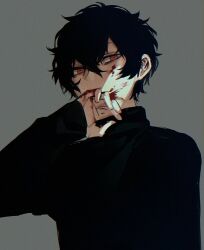  1boy 23i2ko black_hair black_sweater blood blood_on_face blood_on_hands constricted_pupils covering_own_mouth grey_background male_focus messy_hair orange_eyes original short_hair side-eyed simple_background solo sweater turtleneck upper_body 