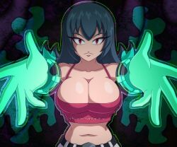 absurdres black_hair bracelet breasts camisole cleavage glowing_hands highres jewelry large_breasts looking_at_viewer midriff navel outstretched_arms pants pink_camisole pink_tank_top pokemon pokemon_hgss red_eyes rockmangrave sabrina_(pokemon) short_hair skindentation tank_top white_pants 