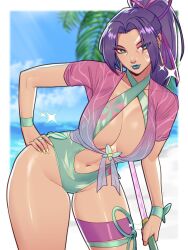  beach breasts cleavage clothing_cutout earrings facepaint female green_eyes hair_ribbon hand_on_own_hip highleg highleg_leotard highres holding holding_sword holding_weapon jewelry large_breasts leotard lipstick long_hair looking_at_viewer makeup marvel marvel_rivals nail_polish navel navel_cutout one-piece_swimsuit palm_tree ponytail psylocke purple_hair ribbon skullworms swimsuit sword thigh_strap tree two-tone_swimsuit weapon wide_hips 