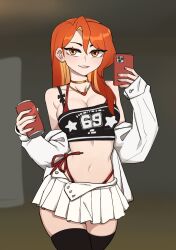  bare_shoulders black_thighhighs breasts brown_background brown_choker can cellphone choker cleavage clothes_down clothes_writing commentary cowboy_shot crop_top english_commentary female grin heart heart_necklace highres holding holding_can holding_phone hyyun_ho jacket jewelry june_(hyyun_ho) long_hair long_sleeves looking_at_viewer medium_breasts midriff navel necklace orange_eyes orange_hair original panty_straps phone pleated_skirt skirt smartphone smile solo stomach thighhighs white_jacket white_skirt 
