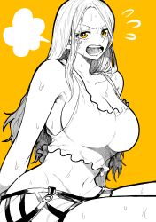  absurdres armpits breasts commentary_request crop_top eyelid_piercing face_piercing female flying_sweatdrops greyscale_with_colored_background groin highres jewelry_bonney large_breasts lipstick long_hair makeup midriff monochrome navel one_piece open_mouth piercing sideboob simple_background solo spot_color sweat teeth yellow_background yellow_eyes yotsumi_shiro 