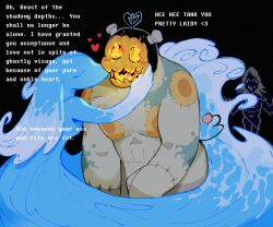  2025 anthro biped blue_body blush closed_eyes darkner deltarune dialogue digital_media_(artwork) duo dustifang elemental_creature english_text female for_a_head green_body hand_on_cheek hi_res humanoid jackenstein kissing_cheek male male/female miss_mizzle mizzle_(deltarune) multicolored_body object_head open_mouth open_smile orange_body pumpkin_head smile text undertale_(series) water water_creature white_body 