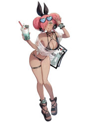  ankle_scrunchie aqua_nails ass_visible_through_thighs bikini black_bikini black_bow black_choker black_flower black_sandals bottle bow breasts choker cleavage commentary_request cup dark-skinned_female dark_skin disposable_cup double_bun drawstring eyewear_on_head female flower food footwear_bow full_body glasses hair_bun hair_flower hair_ornament hair_over_one_eye hairbow heart heart-shaped_eyewear holding holding_cup ice_cream light_blush looking_at_viewer medium_breasts mole mole_under_eye nail_polish o-ring o-ring_bikini official_art opaque_glasses parted_lips pendant_choker pink_hair sandals scrunchie see-through_bag see-through_clothes see-through_shirt shiba_wars shirt short_hair siiqa_vivi simple_background solo swimsuit tachi-e thigh_strap tied_shirt toenail_polish toenails water_bottle white_background white_shirt wrist_scrunchie yellow_eyes 