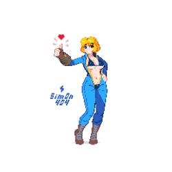  artist_name bikini bikini_under_clothes blonde_hair blue_bikini blue_jumpsuit boots breasts brown_eyes commentary english_commentary fallout female full_body grin hand_on_own_hip heart jumpsuit large_breasts long_sleeves looking_at_viewer navel open_jumpsuit pip_boy pixel_art short_hair sim0n404 simple_background smile solo standing swimsuit thumbs_up vault_girl white_background 