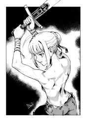  ahoge arm_wrap artoria_pendragon_(fate) back excalibur_(fate/stay_night) fate/stay_night fate_(series) female highres monochrome pirata_(gailtonatiu) saber_(fate) signature solo sweat toned toned_female topless_female training 