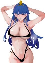  absurdres armpits arms_up bikini black_bikini blue_eyes blue_hair earrings enmimontoria facial_mark female gold_hairband gold_headdress gold_headwear gold_jewelry hairband highres jewelry key_earrings long_hair michigami_nareko midriff navel simple_background smile solo swimsuit touhou triangle triangle_facial_mark usekh_collar white_background 