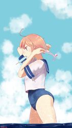  ahoge blue_one-piece_swimsuit blue_sailor_collar blue_sky cloud commentary_request food hair_ornament highres i-58_(kancolle) jikkou-san_(zikko_san) kantai_collection mouth_hold one-piece_swimsuit pink_hair popsicle red_eyes sailor_collar sailor_shirt school_swimsuit school_uniform serafuku shirt short_sleeves sky swimsuit unworn_hair_ornament wading water white_shirt 