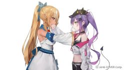  2girls black_hat blonde_hair bow breasts copyright_notice dark-skinned_female dark_skin demon_tail ear_piercing elf green_eyes hair_ornament hairbow hairclip hat hololive izumi_kei large_breasts long_hair multicolored_hair multiple_girls piercing pointy_ears ponytail purple_hair red_eyes shiranui_flare simple_background streaked_hair tail tokoyami_towa twintails virtual_youtuber white_background white_hair 