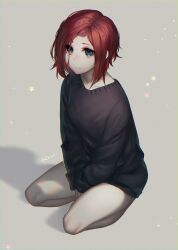  23i2ko :| bags_under_eyes between_legs black_shorts black_sweater blue_eyes closed_mouth female full_body grey_background hand_between_legs highres looking_at_viewer original oversized_sweater red_hair seiza short_hair short_shorts shorts sidelocks simple_background sitting solo star_(symbol) sweater 