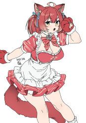  :o ahoge akami_karubi animal_collar animal_ear_fluff animal_ears animal_hands apron bow breasts cat_ears cat_girl cat_paws cat_tail claws cleavage collar cowboy_shot crazy_raccoon dated double-parted_bangs dress dyed_ahoge female frilled_apron frilled_dress frilled_socks frills furrowed_brow gloves gradient_hair green_eyes hair_ribbon hand_up highres houtengeki kneehighs large_breasts looking_at_viewer maid maid_apron multicolored_hair name_tag oerba_yun_fang open_mouth paw_gloves paw_pose paw_print pawpads puffy_short_sleeves puffy_sleeves red_bow red_dress red_hair ribbon short_eyebrows short_sleeves sidelocks simple_background skin_fang socks solo streaked_hair tail twintails virtual_youtuber white_apron white_background white_collar white_socks 